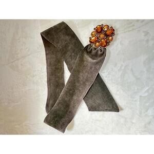 Olive Green Suede Belt with Amber Gemstone Buckle Adjustable Y2K Small/Mefium
